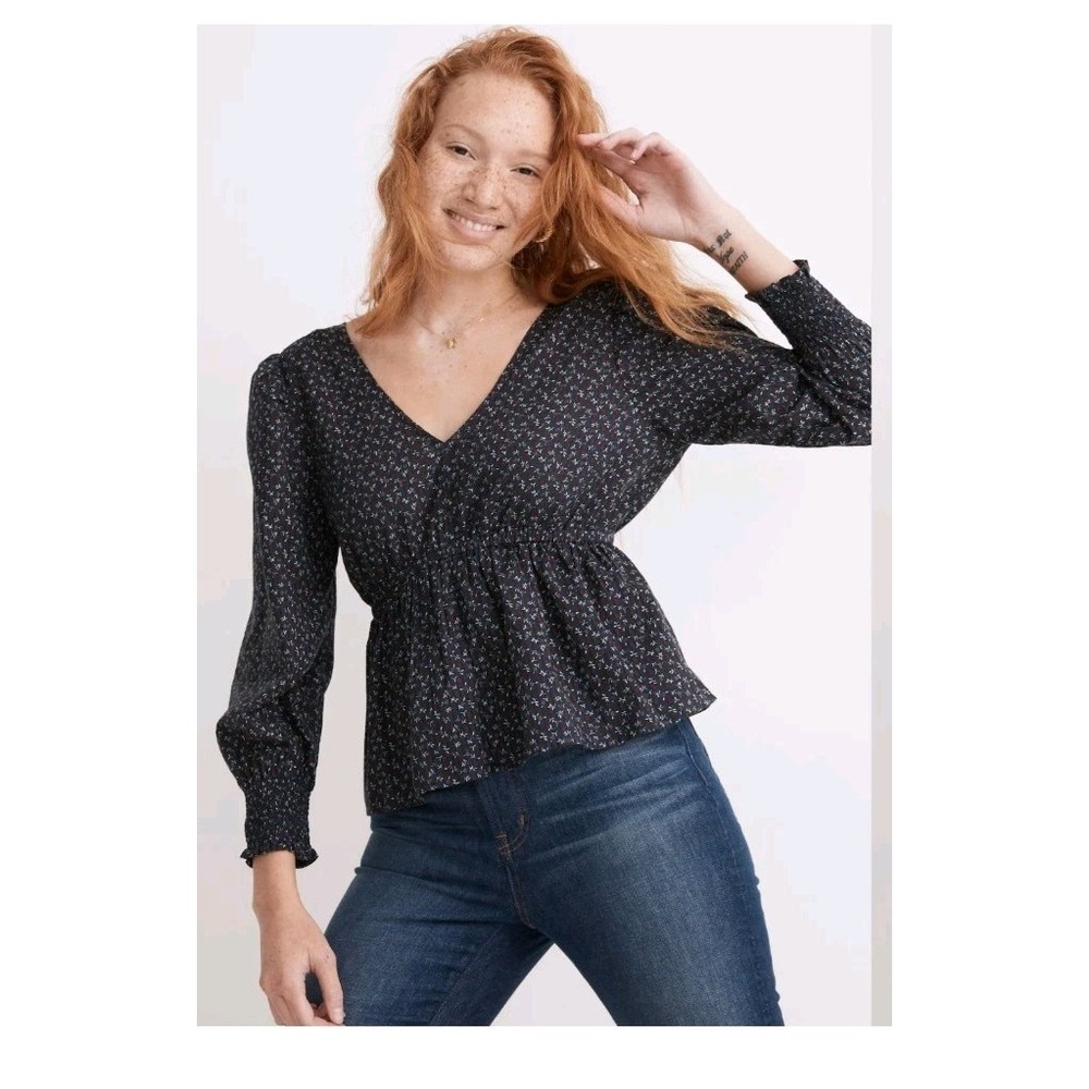 Madewell Floral Long Sleeve Peplum Blouse Top Women's Medium Navy Daisy Print